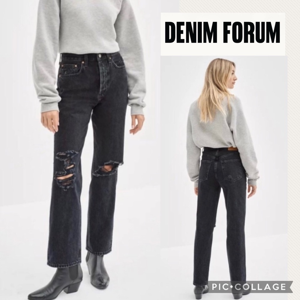 Aritzia DENIM FORUM Joni HR Loose 29L size 25 in Eyeliner Black Distress